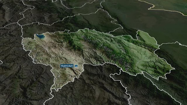 Jun&iacute;n - region of Peru with its capital zoomed on the satellite map of the globe. Animation 3D