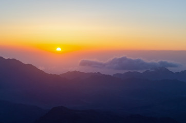 View from the mountain of Moses, a beautiful sunrise in the mountains of Egypt