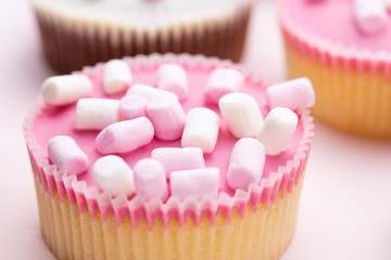 Colorful cupcakes on a pink background.