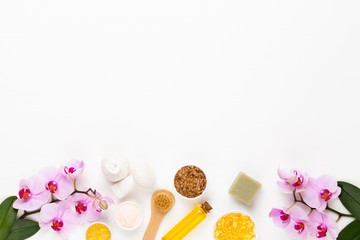 Spa still life with aromatherapy, herbal oil, soap, sea salt.