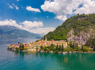 Beautifull aerial panoramic view from the drone to the Varenna - famous old Italy town on bank of...