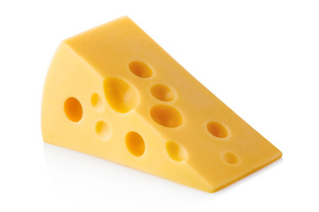 Delicious piece of cheese, isolated on white background