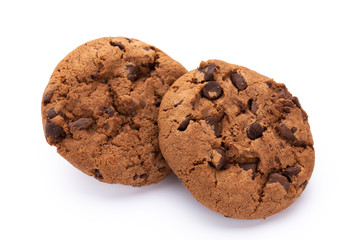 Chocolate chip cookies isolated on white background. Sweet biscuits. Homemade pastry.