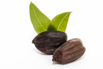 Jojoba oil on seeds isolated on white background