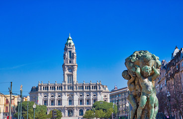 Portugal-June 19, 2019: Central Porto street, Avenida Dos Aliados and Garrett Monument in front of...