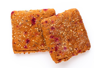 Rye bread slice on a white background.