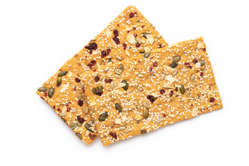Rye bread slice on a white background.