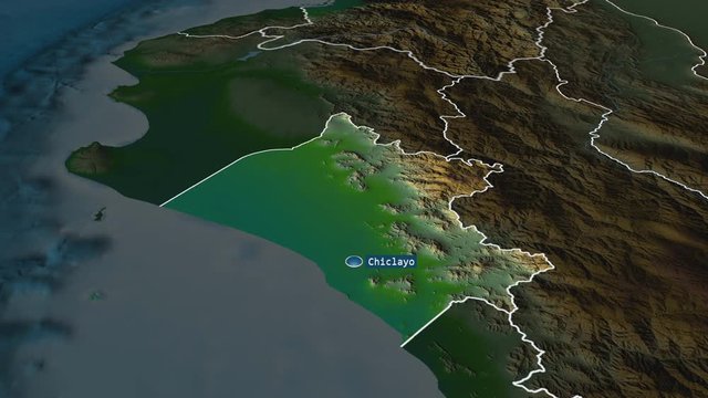 Lambayeque - region of Peru with its capital zoomed on the physical map of the globe. Animation 3D