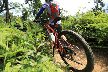 Fototapeta na wymiar Cross country biking woman cyclist with mountain bike on tropical rainforest trail