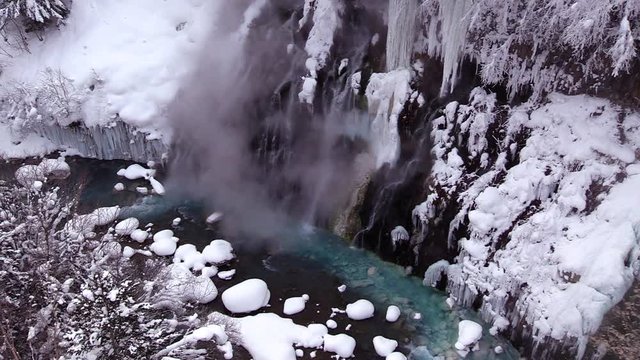 High angle winter view of Whitebeard Falls and Biei River, Japan