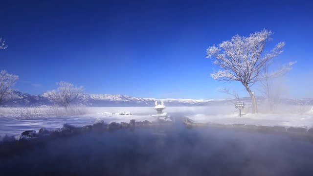 Hot spring in Kussharo Lake in winter, Teshikaga, Hokkaido