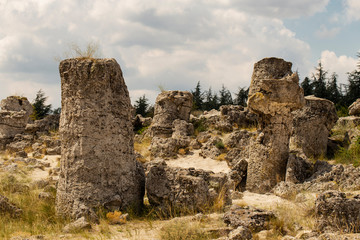 Planted stones, also known as The Stone Desert. Landforms of Varna Province. Rock formations of Bulgaria. Stone forest.