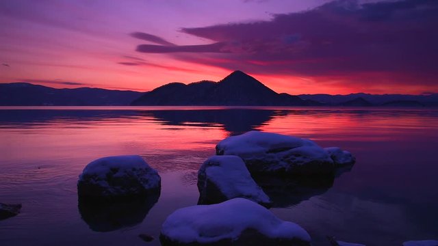 Lake Toya at sunrise in winter, Toyako, Hokkaido, Japan