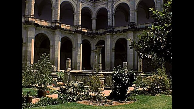 Cloister with fountain of the monastery of Santo Domingo de Guzman in the city of Oaxaca de Juarez. Archival of Mexico in Oaxaca state in the 1970s.