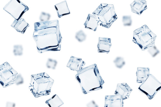 Falling ice cube, isolated on white background, selective focus