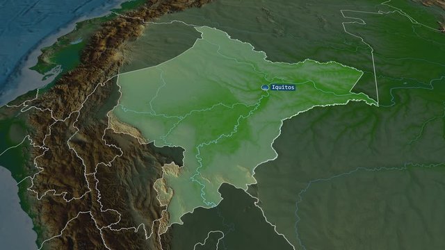 Loreto - region of Peru with its capital zoomed on the physical map of the globe. Animation 3D