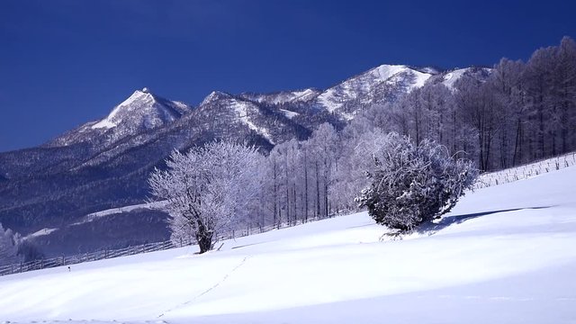 White snowcapped Yubari Mountains