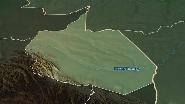Madre de Dios - region of Peru with its capital zoomed on the physical map of the globe. Animation 3D
