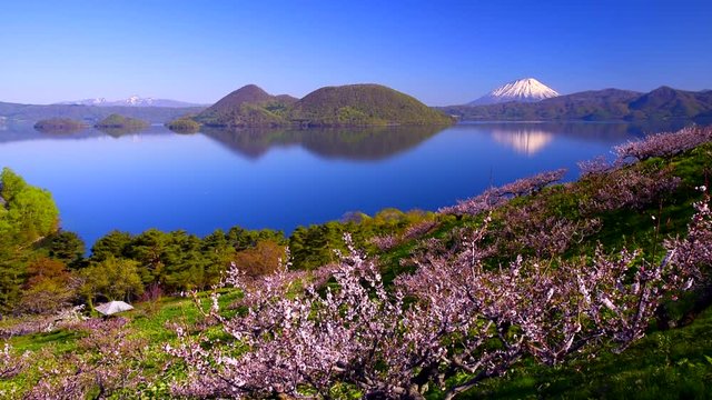 Lake Toya in spring with Mount Yotei looming in background