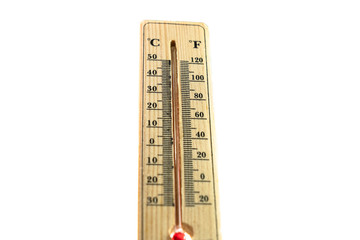 wooden thermometer white background