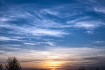  Bright red sunset on the background of cloudy sky and forest.
