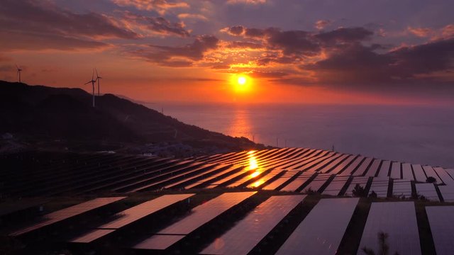 Sunset over Awaji Kifune Solar Power Station, Awaji City, Awaji Island, Hyogo