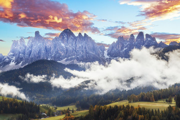 Beautiful landscape of Dolomite Alps in Italy. Amazing sunset landscape, dramatic sky over...