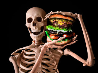 funny skeleton eating deadly junk food - obrazy, fototapety, plakaty