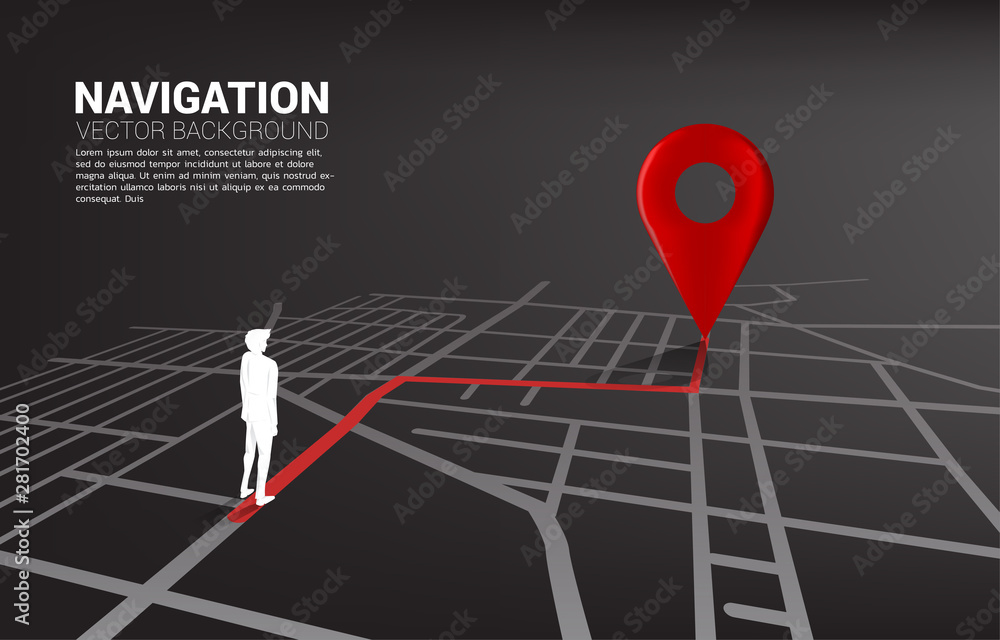 Poster route between 3d location pin markers and businessman on city road map. concept for gps navigation s