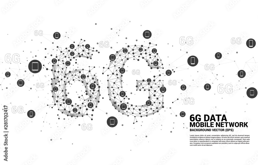 Poster Vector Polygon dot connect line shaped 6G mobile network with mobile device icon. Concept for mobile phone data technology.