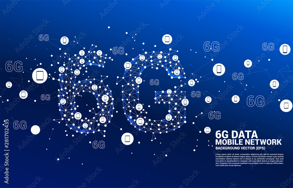 Poster Vector Polygon dot connect line shaped 6G mobile network with mobile device icon. Concept for mobile phone data technology.