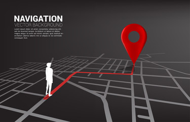 Route between 3D location pin markers and businessman on city road map. Concept for GPS navigation system infographic.