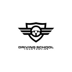 driving school wings steering wheel shield logo vector