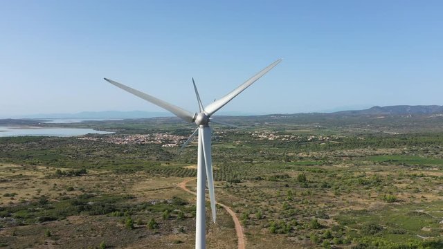 Fix aerial shot wind turbines plants corbieres Aude Occitanie France optical illusion