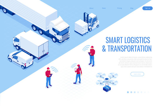 Isometric Mobile Smart Phone With Mobile App Delivery Tracking. Smart Logistics And Transportation Concept.