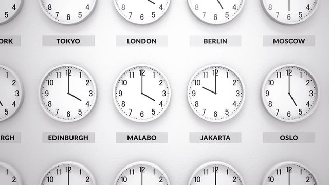 Round clocks with white body show different time zones on White wall. Camera moves left to right. Clock face timelapse 60fps animation