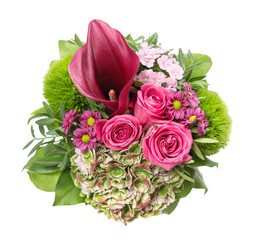 Pink roses decoration white background Top view