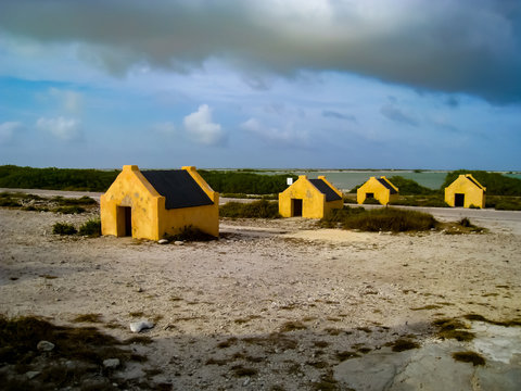 Slave huts built on the southwest coast of Bonaire in the 1850s near Bonaire's Salt Lake. Most slaves worked the salt flats, while others were forced to cultivate maize or cut dyewood. 