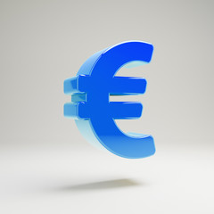 Volumetric glossy blue Euro icon isolated on white background.
