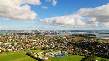 Aerial View of Auckland Sky Tower from Takapuna in Auckland, New Zealand