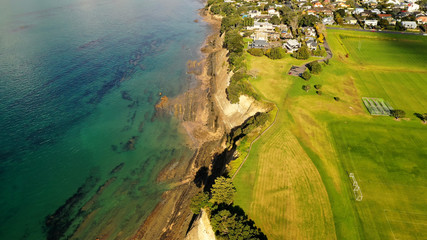 Aerial View and Beach Green Field of Takapuna in Auckland, New Zealand