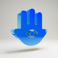 Volumetric glossy blue Hamsa icon isolated on white background.