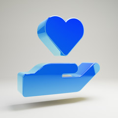 Volumetric glossy blue Hand Holding Heart icon isolated on white background.