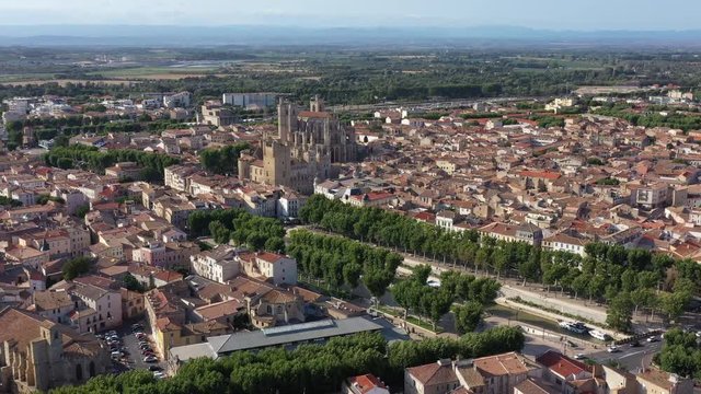 Narbonne Cathedral along the Canal de la Robine Aude river aerial view old city France