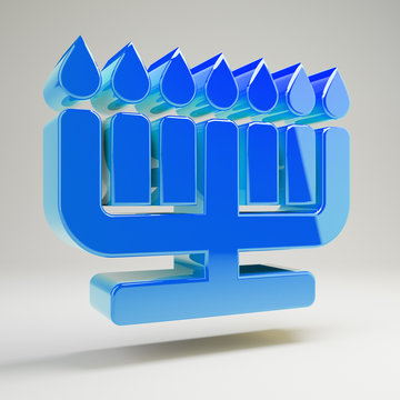 Volumetric Glossy Blue Menorah Icon Isolated On White Background.