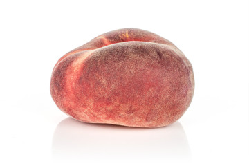 One whole fresh red peach prunus persica platycarpa isolated on white background