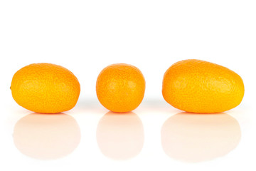 Group of three whole fresh orange kumquat arranged symmetrically isolated on white background