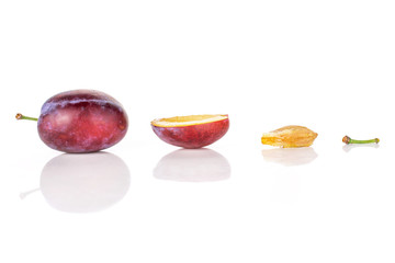 Group of one whole one half two pieces of fresh blue plum with a stone in a row isolated on white background