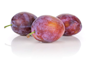 Group of three whole fresh blue plum isolated on white background