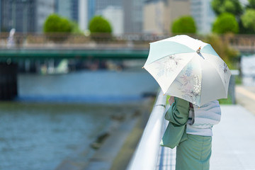 着物（夏結城紬）を着て和柄の日傘を差した日本人女性